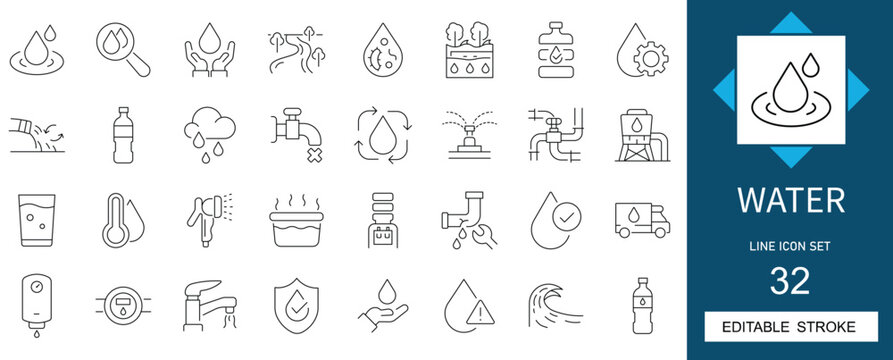 Minimalist water line icon set, 32 editable stroke vector symbols for plumbing and ecology, clean blue and white liquid resource graphics
