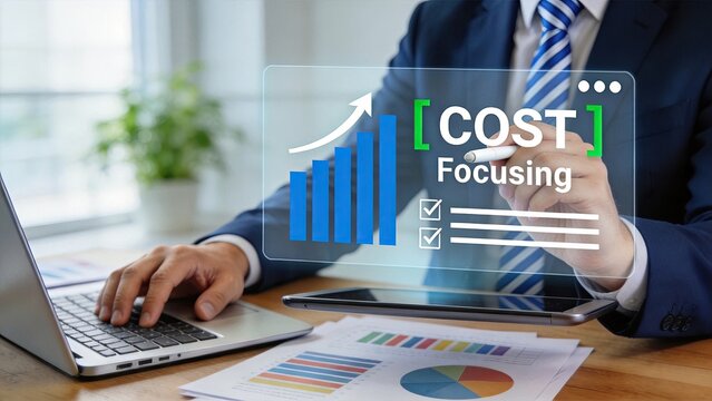 Business cost focusing and financial growth strategy with rising bar chart on virtual screen, analyzing budget expenses and profit optimization for success.