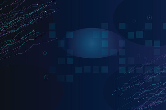 Abstract digital network with glowing lines and geometric shapes on dark blue technology data