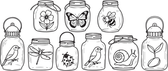 set of Collection of nature-themed lanterns with preserved insects and animals © Nur
