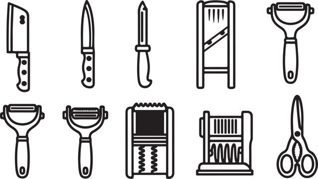 set of Set of kitchen cutting and food prep tools icon collection