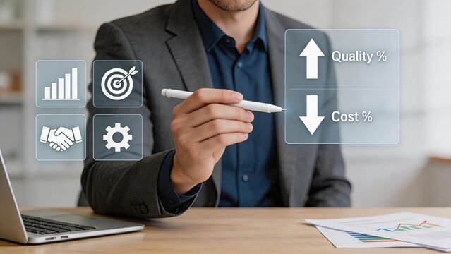 Businessman pointing at digital interface showing quality increase and cost decrease, financial growth concept