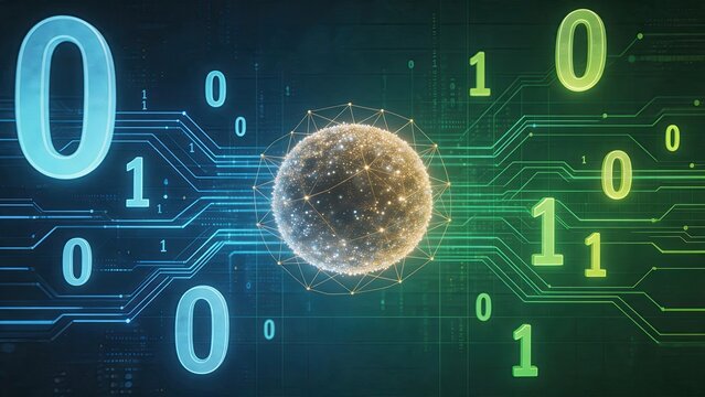 Abstract digital background with binary code zero one numbers and glowing network sphere representing data processing