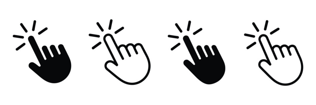 Hand click icon illustration featuring pointer sign, hand cursor symbol, selection indicator, navigation element, user interface control, and digital interaction graphics