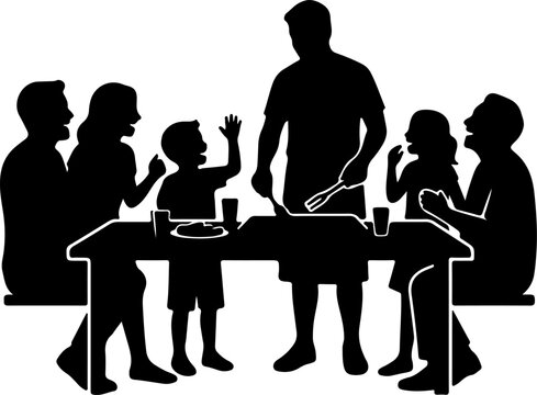 A black silhouette of a happy family gathered around a table for a BBQ dinner, with a man serving food while others talk and laugh together.