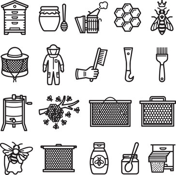 Beekeeping icons collection with hive and bee illustrations, Generative Ai