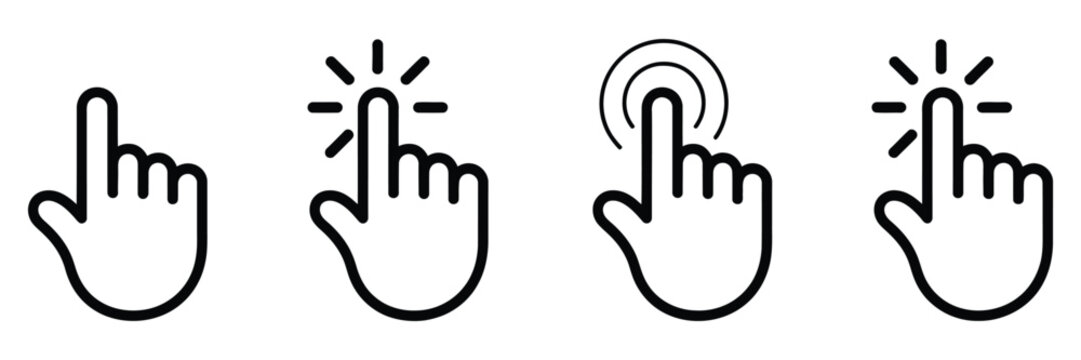 Hand click icon with cursor pointer, tap, and press gesture symbols representing selection, navigation, user interaction, mobile interfaces, and website functionality