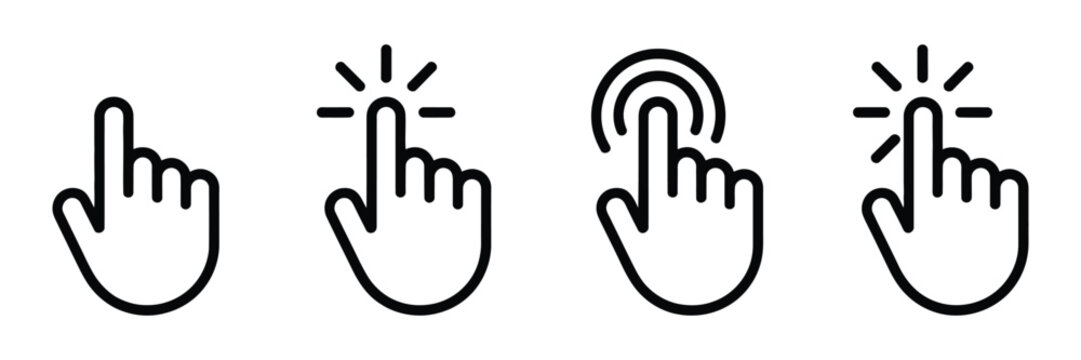 Hand click icon featuring cursor pointer, tap gesture, and press symbols for user interface navigation, touchscreen interaction, web controls, and digital applications