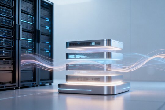Modern server stack with glowing data waves