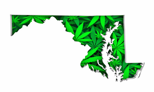 Maryland MD Map Marijuana Pot Leaves State Law CBD THC Pot Cannabis 3d Illustration