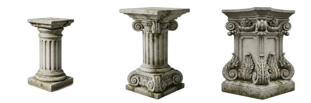 Collection of Antique Stone Pedestals and Decorative Columns Isolated on White Background, Classic Architectural Elements, Vintage Marble Bases for Statues, Roman and Baroque Style Ornaments, Historic
