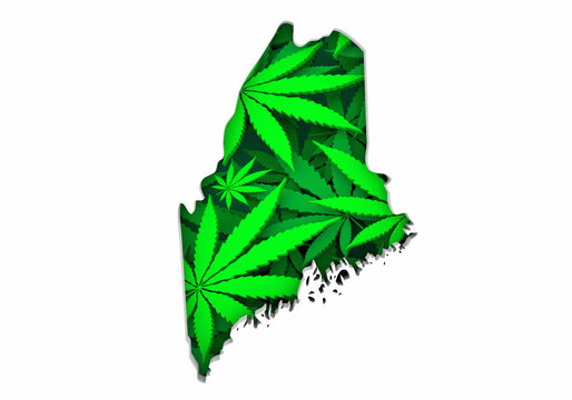 Maine ME Map Marijuana Pot Leaves State Law CBD THC Pot Cannabis 3d Illustration