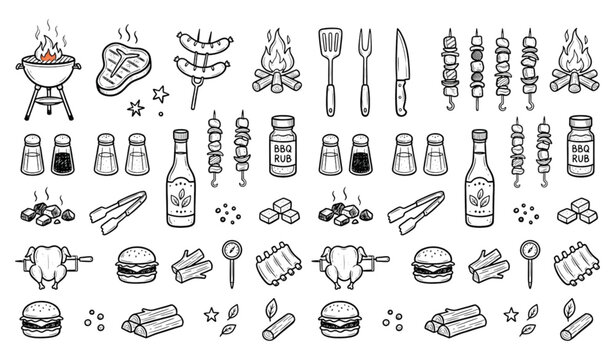 Hand drawn barbecue doodle elements set for seamless pattern grill food vector collection