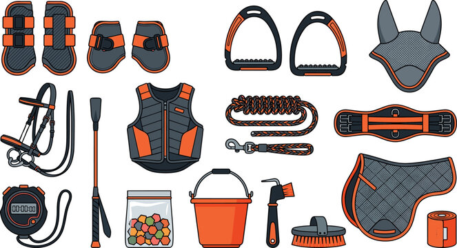 Modern Horse Riding Gear and Equestrian Eventing Equipment Vector Icon Set with Safety Vest, Bridle, Stirrups, and Grooming Tools Illustration