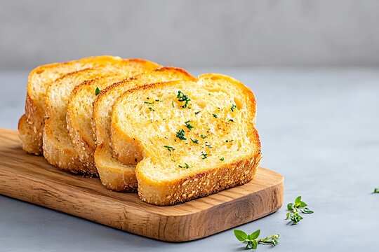 Freshly Baked Garlic Bread Slices on Wooden Cutting Board with Herbs, Close-Up, Crisp Texture