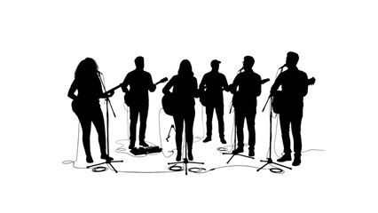 Silhouettes of six people playing musical instruments together isolated on transparent background, Vector © topvector