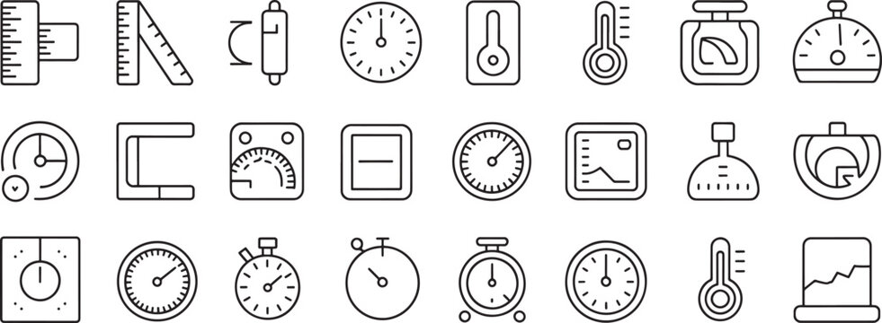 Timers and Measurement Icons Set with Clocks, Thermometers, Rulers, Scales, and Barometers in Thin Line Style