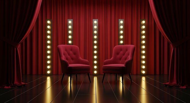 Two chairs on stage set against a backdrop of deep red theatrical curtains with illuminated vertical light panels and a reflective dark wooden floor surface.