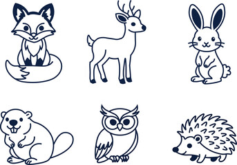 Fototapeta premium Delightful collection of cute line art illustrations depicting a variety of beloved forest and woodland creatures, perfect for playful and educational design projects