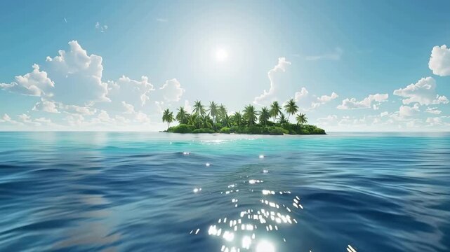 眩しい太陽と美しい南国の海に浮かぶ無人島のイメージ風景