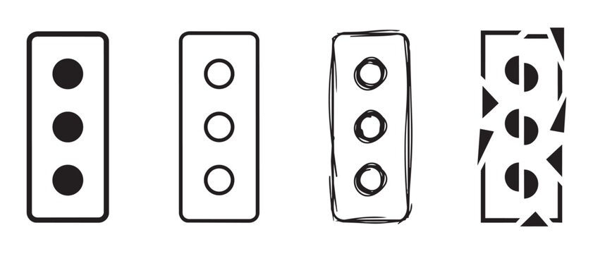 Set of three dot vertical signals presented in solid fill outline hand drawn sketch and broken geometric versions vector illustration for road safety.