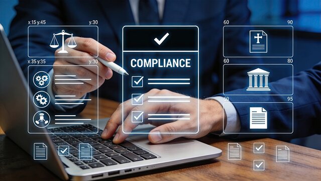 Compliance management and regulatory adherence dashboard, legal checklist with scales of justice icon, banking and finance regulations, businessman working on laptop with floating