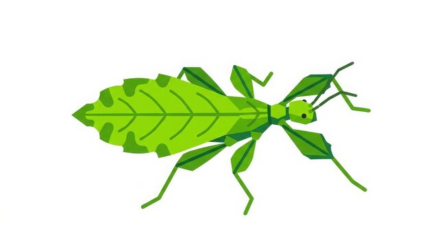 Walking leaf nymph vector illustration, young leaf insect, flat design, simple geometric style, isolated on white background