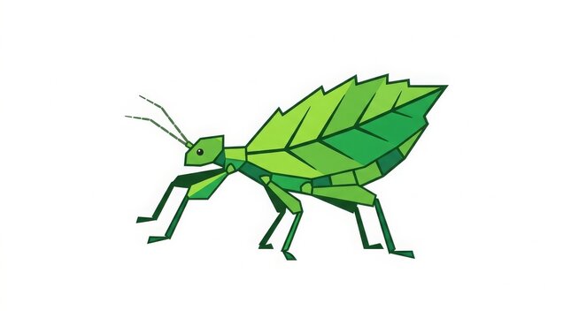 Walking leaf nymph vector illustration, young leaf insect, flat design, simple geometric style, isolated on white background