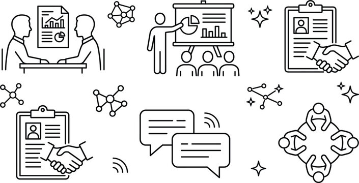 Business meeting and human resources interview vector icon set with presentation handshake discussion board and recruitment elements