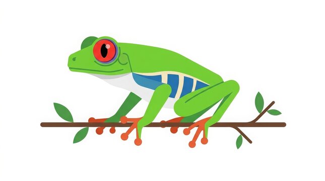 Red eyed tree frog flat vector illustration, side view, bright red eyes, green body, simple geometric shapes, clean minimal design, isolated on white background, SVG vector, no shadow