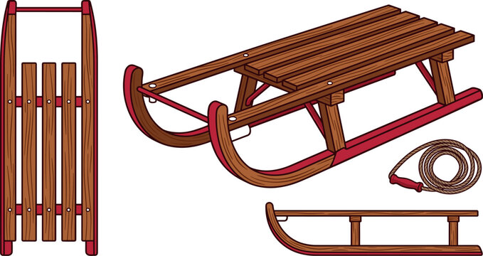 Vintage Wooden Sled Vector Icon Set Featuring Traditional Sleigh Designs with Red Runners and Pull Rope
