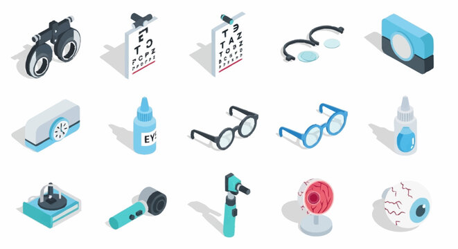 Collection of isometric icons representing optometry equipment and eye care tools.