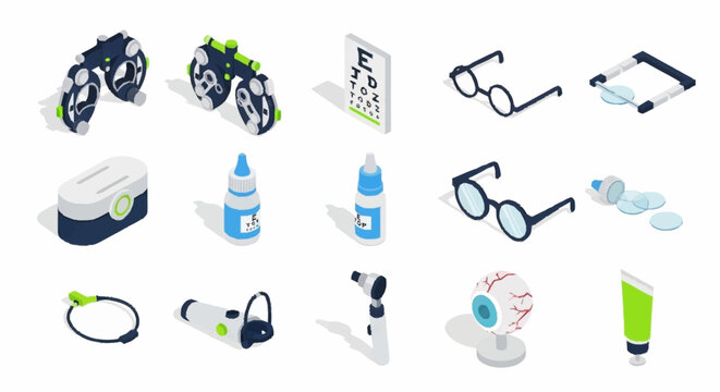 Collection of isometric icons representing optometry equipment and eye care tools, including trial frames, eye charts, glasses, and eye drops.