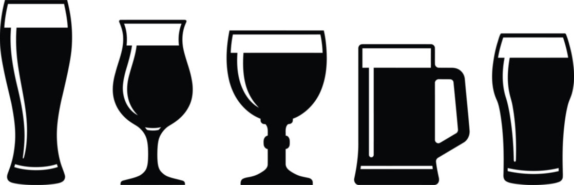 Vector set features black silhouettes of various beer glasses, including pints, mugs, and pilsners, perfect for a pub menu, craft brewery sign, or alcoholic beverage design.