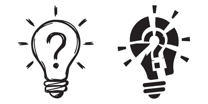 Two light bulb icons. One with question mark, depicted as hand drawn. Second is broken with fragmented pieces. Vector concept for ideas.