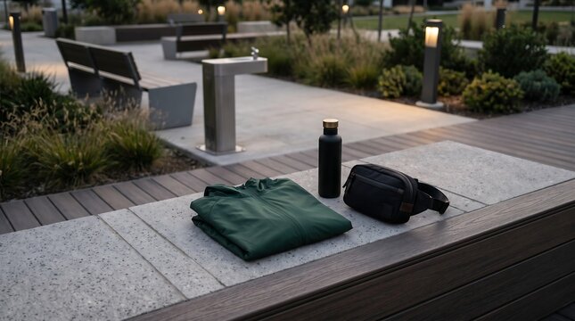 Fitness Gear and Jacket on Stone Bench in City Park