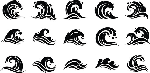 Fototapeta premium Ocean Wave Silhouettes Illustration Set Featuring Dynamic Sea Water Splashes and Rolling Tides Isolated on a Plain White Background for Graphic Design and Nautical Projects