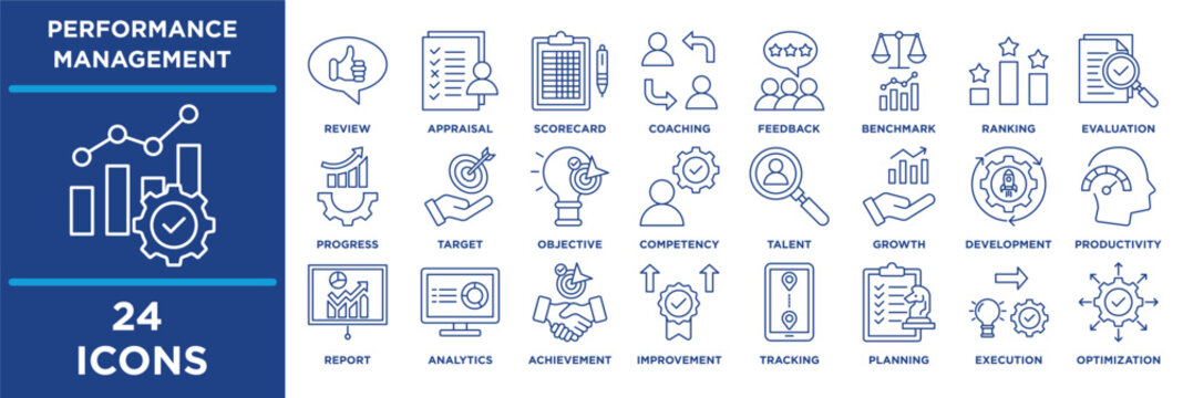 Performance Management icon collection set. Containing review, appraisal, scorecard, coaching, feedback, benchmark, ranking, evaluation. line vector.