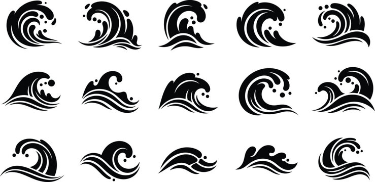Ocean Wave Silhouettes Illustration Set Featuring Dynamic Sea Water Splashes and Rolling Tides Isolated on a Plain White Background for Graphic Design and Nautical Projects