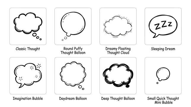 Set of hand drawn comic style thought bubbles and speech balloons.