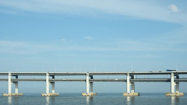 Daytime Timelapse of a Two-Level Section of Gwangan Bridge with Traffic Against Blue Sky