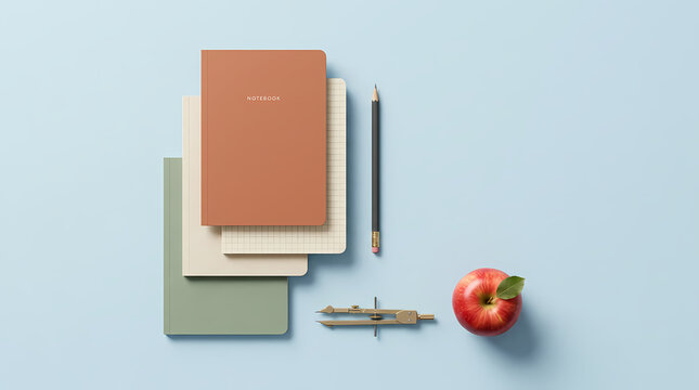 Minimalist flat lay composition of student notebooks and stationery essentials on pastel background