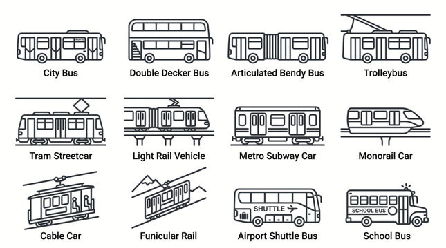 Set of public transportation icons including bus and rail vehicles.