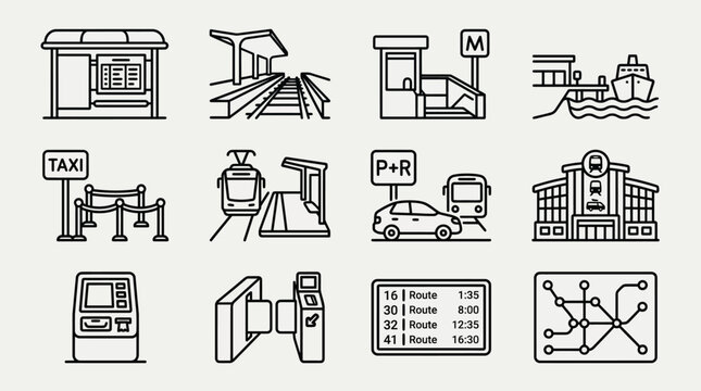 Set of public transportation and urban infrastructure line icons.