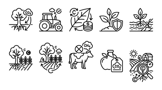 Set of regenerative agriculture and carbon farming line icons.
