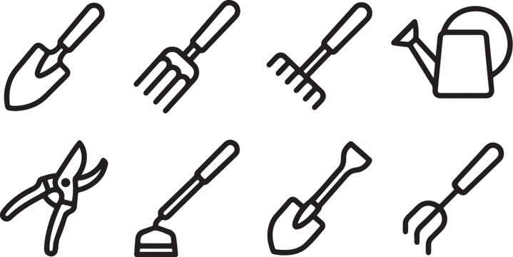 set of Set of eight essential gardening tools in simple line art style