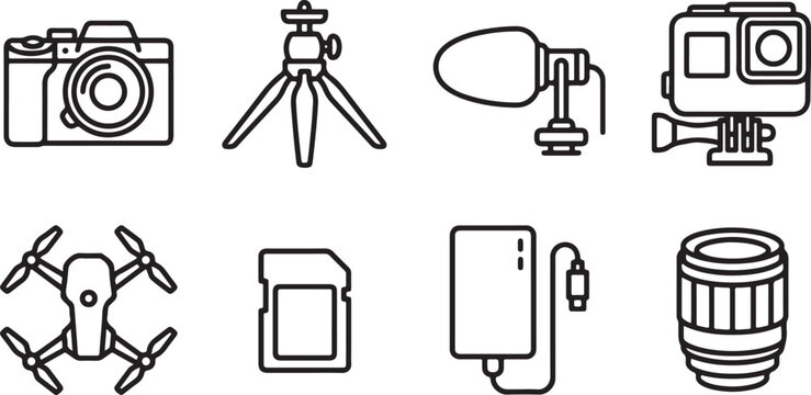 set of Flat line icons set of photography and videography equipment