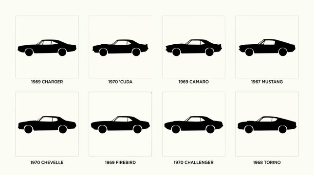 Set of silhouettes of classic American muscle cars from the 1960s and 1970s.