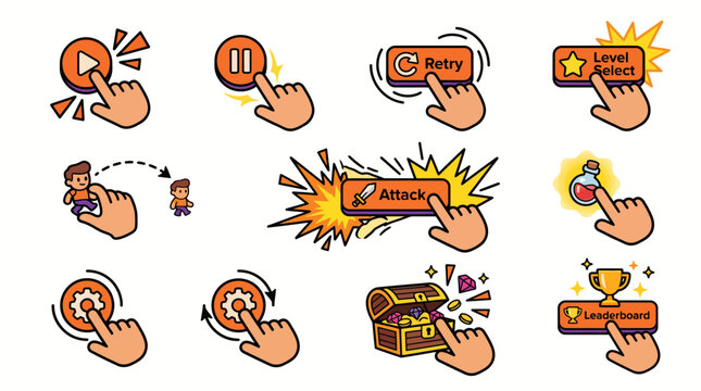 Set of interactive game UI elements with finger tapping icons.