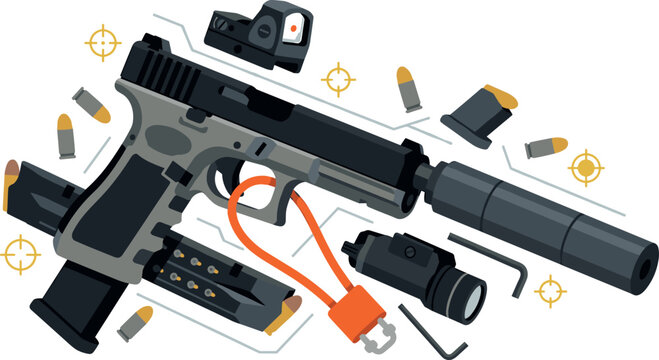 Tactical Handgun Flat Vector Design Set with Suppressor Red Dot Sight Weapon Light Ammunition Magazines Safety Cable Lock and Targets